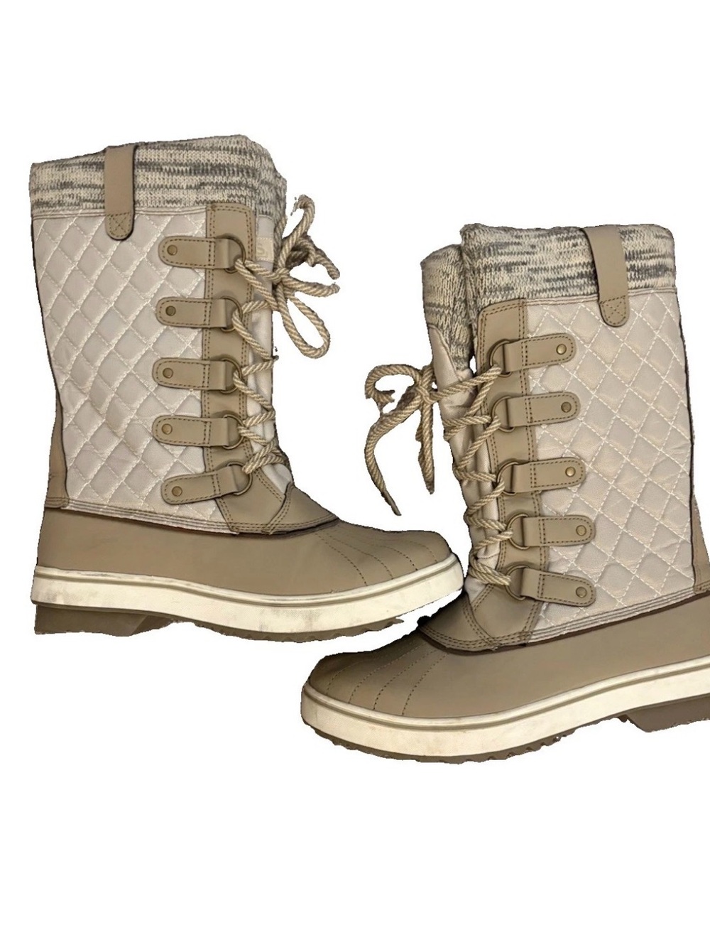 Totes Glenda Winter Snow Rain Boots Bone Beige Womens Quilted Lace Up